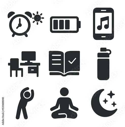 Productivity Habits Icons. Solid, filled icons set of personal productivity habits: morning routine, energy