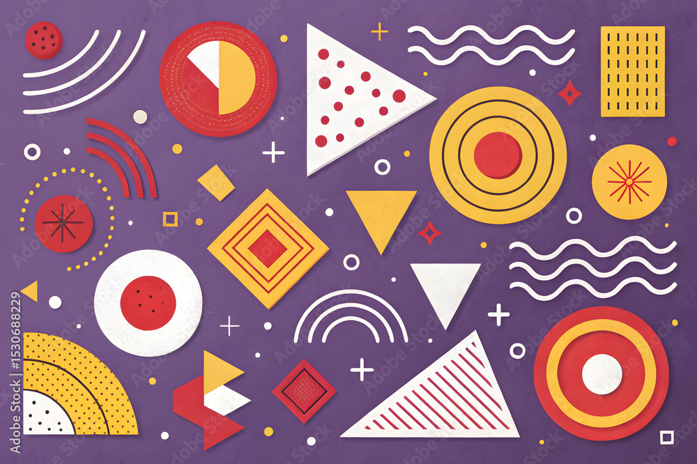 A vibrant abstract design featuring bold red, yellow, and white geometric shapes on a purple background A vibrant abstract design featuring bold red, yellow, and white geometric shapes on a purple background