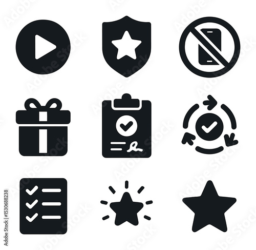 Procrastination Icon Set. Solid, filled icons set of overcoming procrastination: start button, motivational