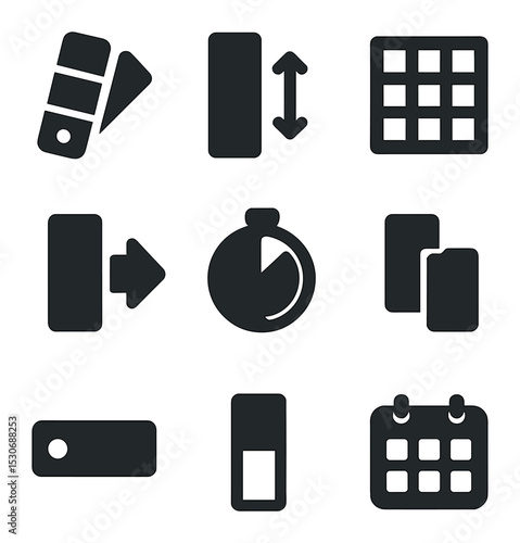 Visual Time-Blocking Icons. Solid, filled icons set of visual time-blocking elements: color palette, block