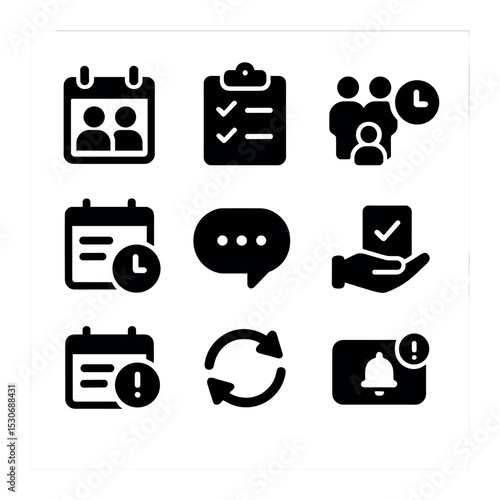 Collaborative Time Icons. Solid, filled icons set of collaborative time management: team calendar, shared