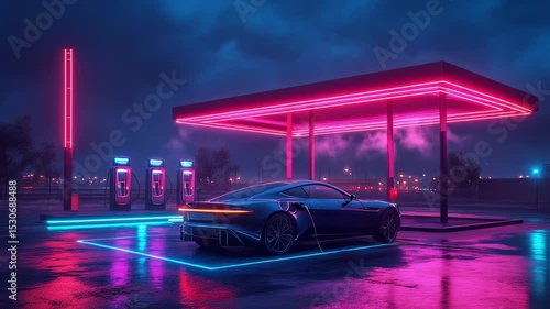 Futuristic electric vehicle charging station illuminated with neon lights