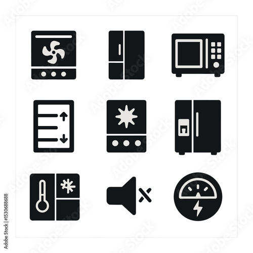 Kitchen Appliance Icons. Solid, filled icons set of kitchen appliance features: convection oven, frost-free
