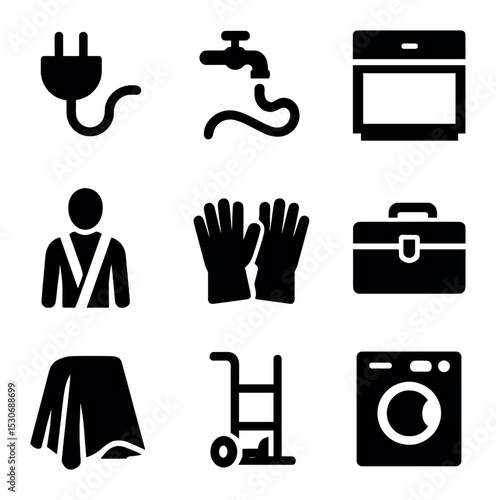 Appliance Removal Icons. Solid, filled icons set of kitchen appliance removal: unplugged cord, disconnected