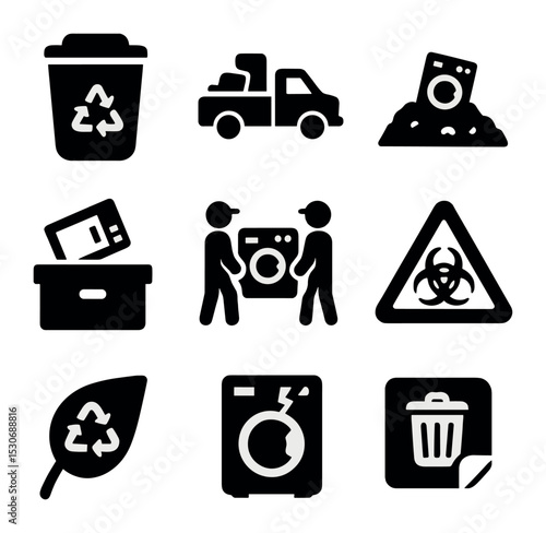 Appliance Disposal Icons. Solid, filled icons set of disposing old appliances: recycling bin, pickup truck,