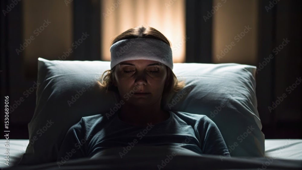 Obraz premium A woman lies in bed, illuminated by a soft glow, wearing a headband, appearing contemplative and engaged in thought.