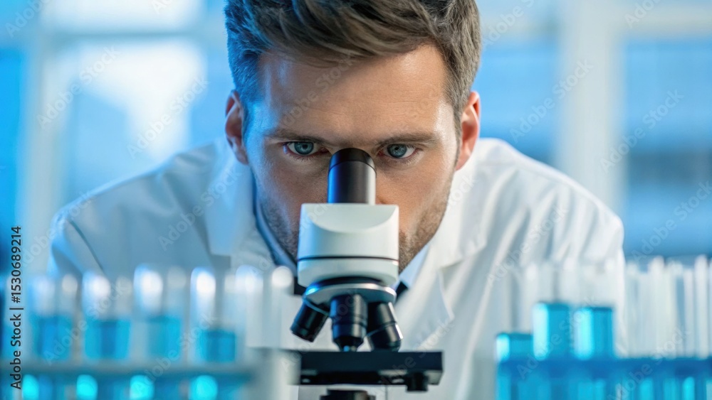 Fototapeta premium Scientist observing samples under a microscope in a laboratory setting, emphasizing research and discovery in a modern environment.