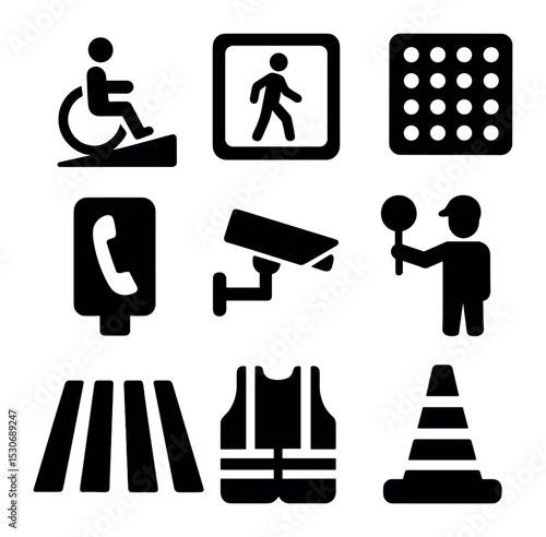 Safety Icons Grid. Solid, filled icons set of safety and accessibility: wheelchair ramp, pedestrian signal,