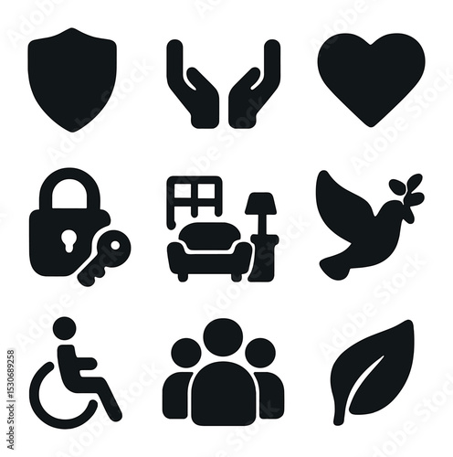 Safe Spaces Icons. Solid, filled icons set of safe spaces: shield icon, open hands, heart symbol, lock with