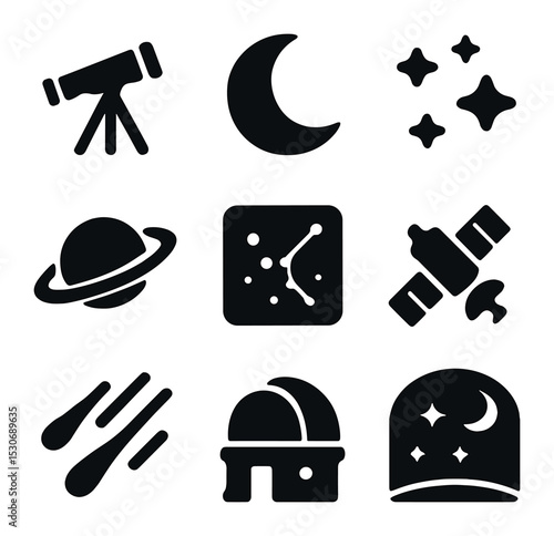 Astronomy Icon Set. Solid, filled icons set of astronomy and stargazing: telescope, crescent moon, star