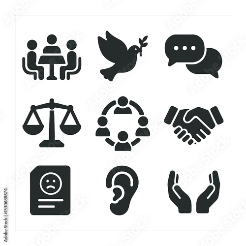 Restorative Justice Icons. Solid, filled icons set of restorative justice safe spaces: mediation table, peace