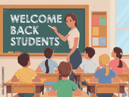 Welcome back students happy teacher classroom illustration boy fun art kids desk girl chair child