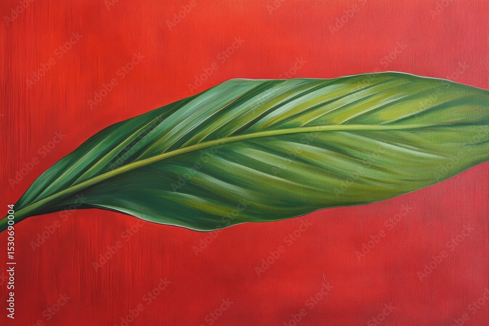 Obraz premium Vibrant green leaf on a rich crimson background.
