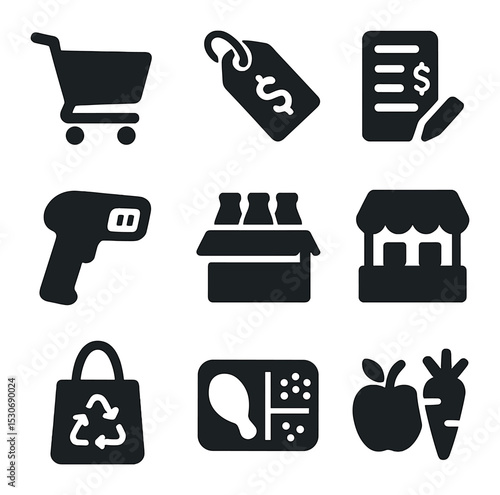 Smart Grocery Icons. Solid, filled icons set of smart grocery shopping: shopping cart, price tag, budget list,