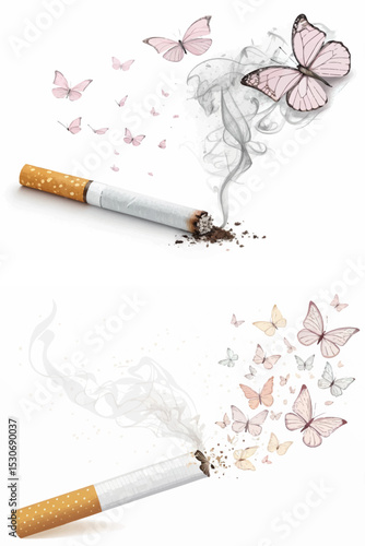 An illustration combining a cigarette and a metaphor of change - smoke rises from a smoldering cigarette