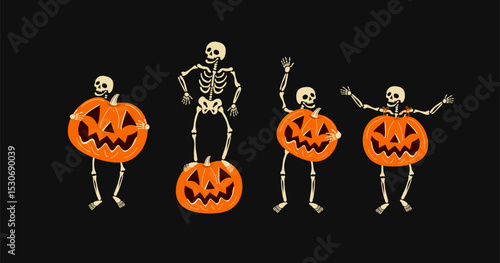 Cheerful Dancing Halloween Skeletons Vector Set