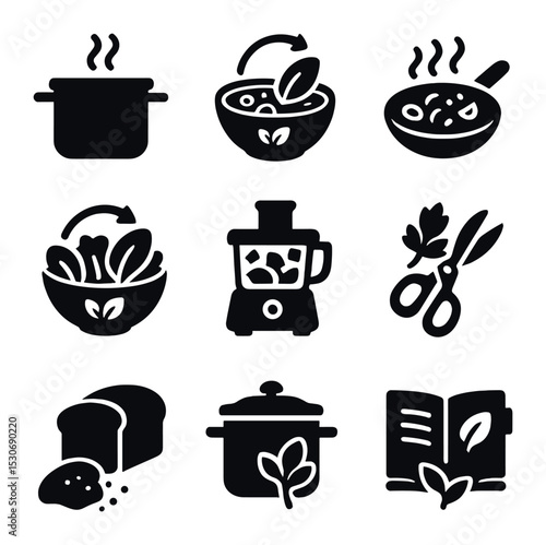 Creative Food Reuse Icons. Solid, filled icons set of creative food reuse: soup pot, smoothie bowl, stir-fry,