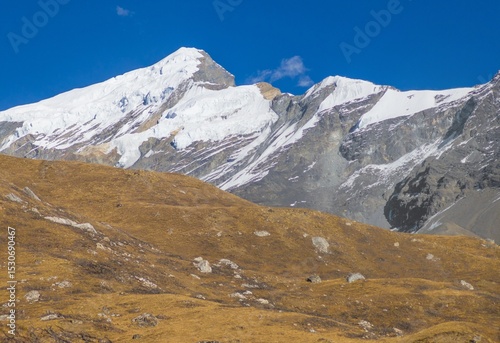 Himalayas, Nepal - The famous hiking on the roof of the world called Annapurna Circuit in Himalaya range mountain, with little village, buddhist stupa and mountains of 8000 meters.
