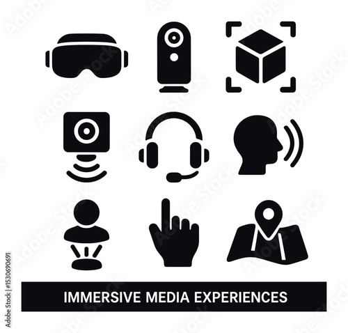 Immersive Media Icons. Solid, filled icons set of immersive media experiences: VR headset, 360 camera,