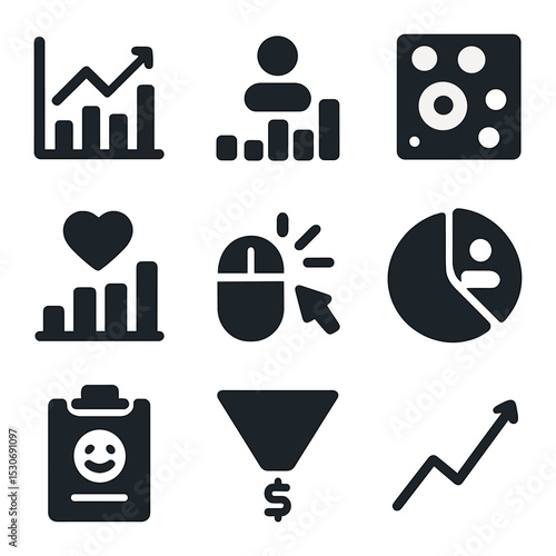 Metrics Icon Set. Solid, filled icons set of audience analytics and metrics: graph icon, user stats, heatmap,