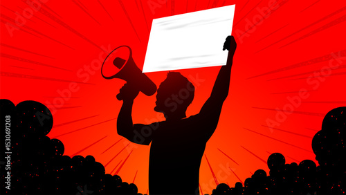 Silhouette of a man standing holding megaphone and blank poster paper vector illustration, copy space banner for protest, campaign or promotional media