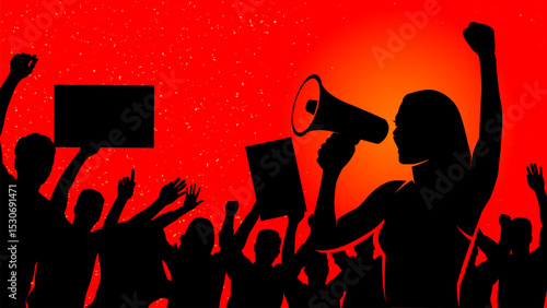 Silhouette of women protester standing leading a speech during a demonstration in the middle of a crowd of people vector illustration background