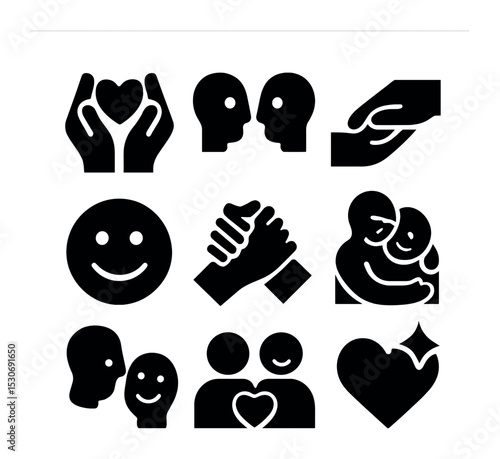 Emotional Connection Icons. Solid, filled icons set of emotional connection symbols: heart hands, eye contact,