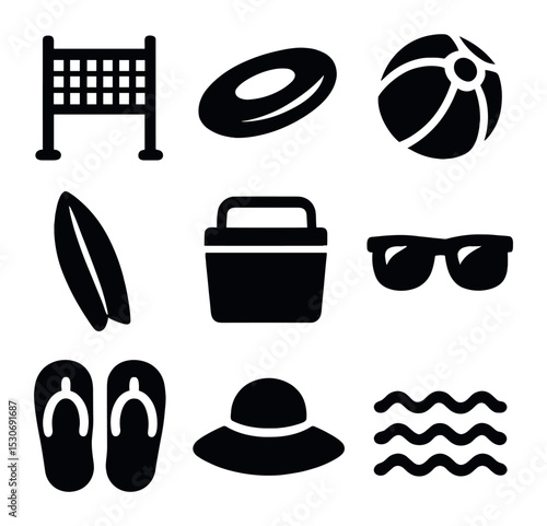 Beach Activity Icons. Solid, filled icons set of sunset and beach activities: volleyball net, frisbee, beach