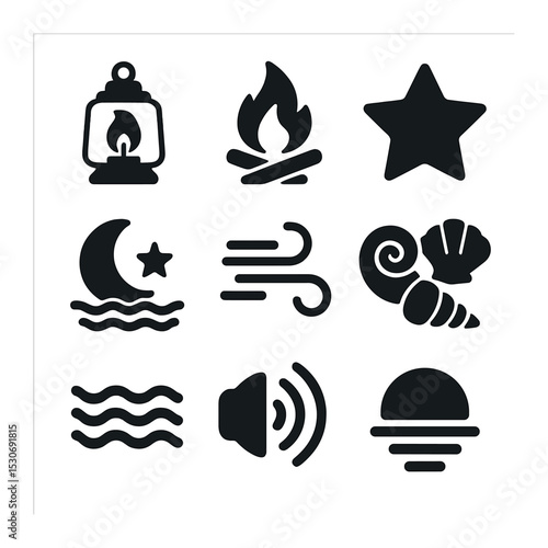 Evening Beach Icons. Solid, filled icons set of evening beach ambiance: lantern light, campfire, star icon,