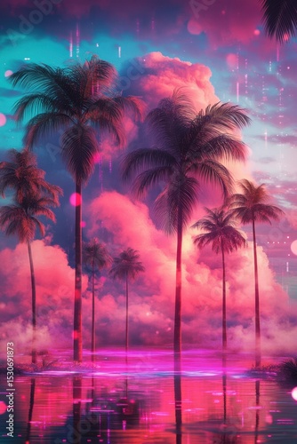 Dreamy Sunset with Vibrant Clouds and Reflections over Palm Trees.