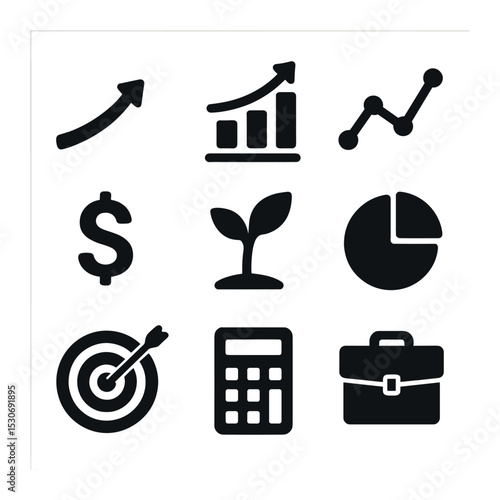 Financial Growth Icons. Solid, filled icons set of financial growth charts: upward arrow, bar graph, line