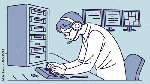 Illustration of a man with headset typing at a desk with monitors and file cabinet in a light blue room