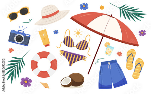 Summer beach set including swimwear, umbrella, and accessories in flat style on white background, vacation fun
