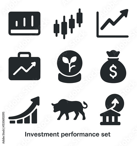 Investment Icons Grid. Solid, filled icons set of investment performance: stock ticker, candlestick chart,