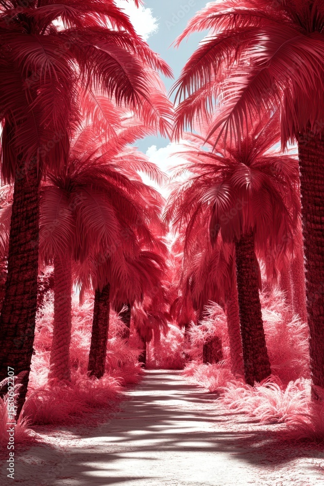 Fototapeta premium Infrared Pink Palm Trees Along a Tranquil Pathway in Surreal Landscape.