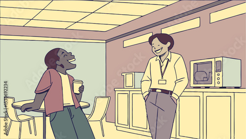 Two colleagues chatting in an office break room with a microwave and coffee table in the background area