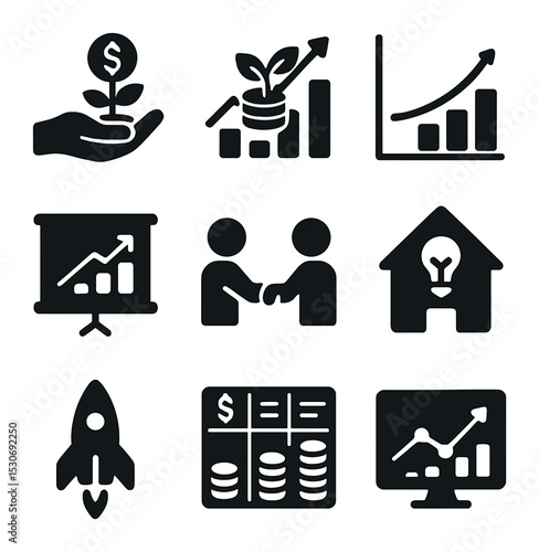 Startup Growth Icons. Solid, filled icons set of startup growth and funding: seed investment, funding round,