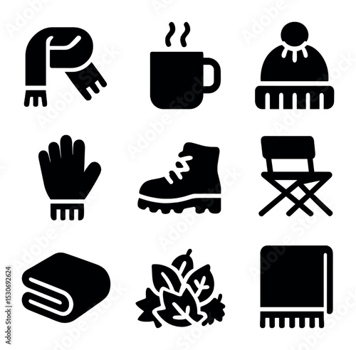 Cozy Autumn Icons. Solid, filled icons set of cozy autumn activities: warm scarf, steaming mug, knitted hat,