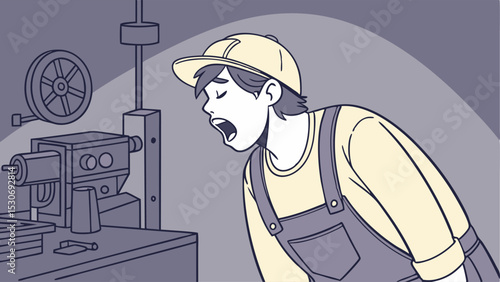 Man in overalls and cap yawning next to industrial machine with wheel in monochrome color scheme drawing
