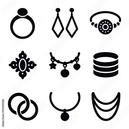 Jewelry Fashion Icons. Solid, filled icons set of jewelry fashion trends: minimalist ring, geometric earrings,
