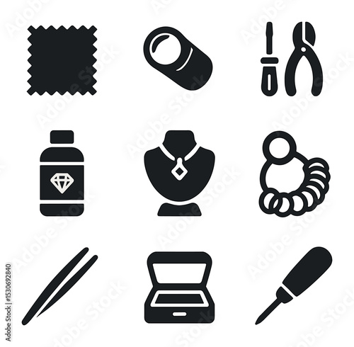 Jewelry Tool Icons. Solid, filled icons set of jewelry tools and maintenance: polishing cloth, jeweler’s loupe