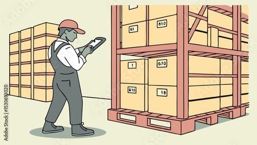 Warehouse worker with clipboard checking boxes on pallet rack for inventory management and storage system