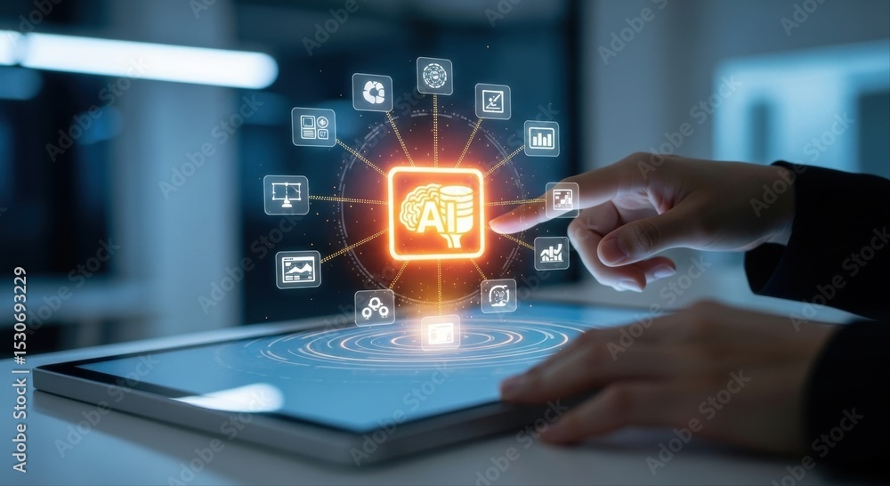 Fototapeta premium Hands interacting with a digital tablet showing artificial intelligence and data management icons