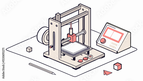 Illustration of a three dimensional printer with a control panel and various small objects around it