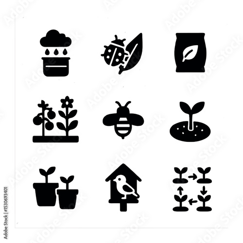 Sustainable Gardening Icons. Solid, filled icons set of sustainable gardening practices: rainwater collection,