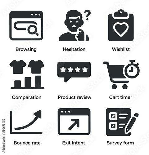 Customer Insight Icons. Solid, filled icons set of customer behavior insights: browsing icon, hesitation