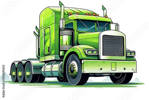 Green semi truck illustration on a white background featuring clean design and transportation