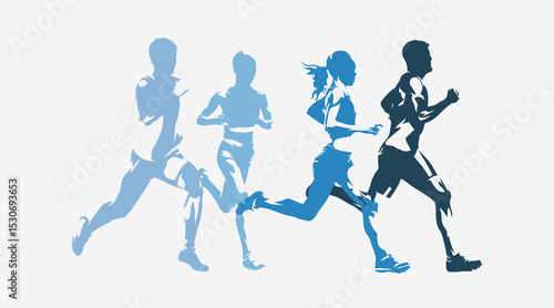 Run, athletics, running men and women, track and field athletes, group of abstract isolated vector silhouettes. Sports