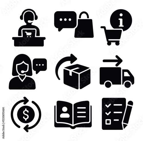 Customer Support Icons. Solid, filled icons set of customer support in shopping: help desk, chat support, FAQ