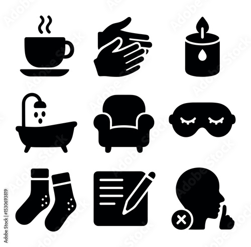 Stress Relief Icons. Solid, filled icons set of stress relief methods: hot tea cup, massage hands, scented